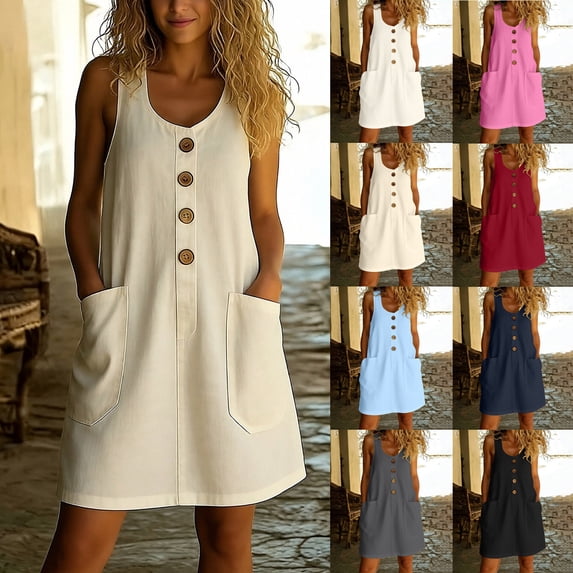 BRGZLK Women's Dresses Solid Color Casual Summer Sleeveless Button Front Mini Dress with Pockets Lightweight Solid Color Flowy Beach Dress