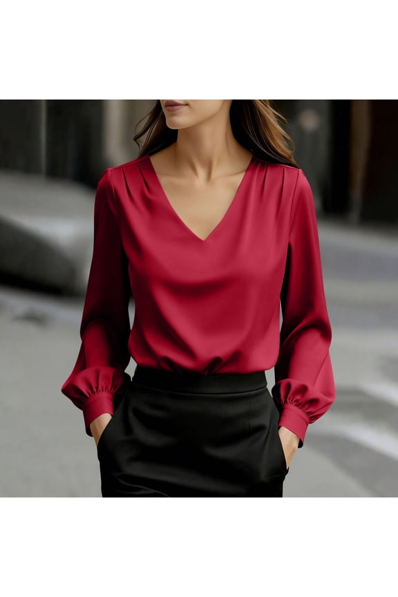 Women's Dressy Long Sleeve Shirts Casual Fashion Solid Color V Neck Long Sleeve Satin Sweet Cute Loose Fit Blouse 2026 Spring Summer Shirt Wine S