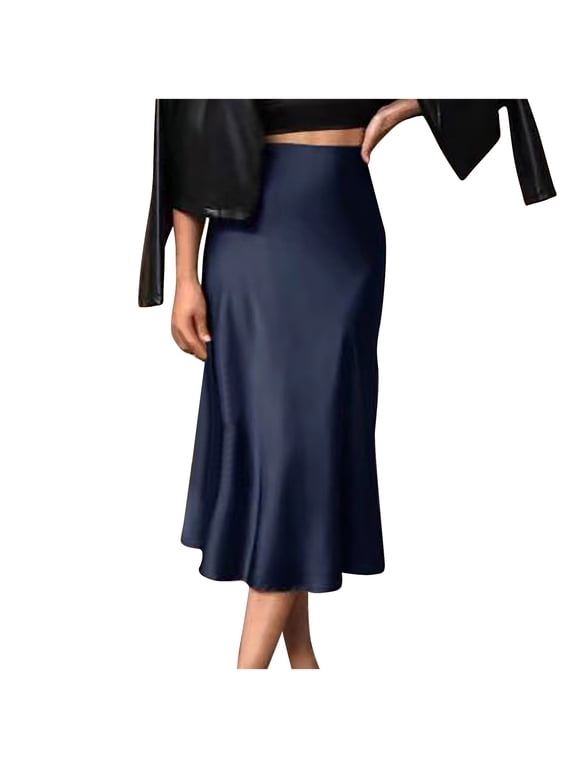 Women's Elegant Satin Skirts Summer High Waisted Solid Color Slim Fit Flared Casual Trendy Comfy Work Office Fishtail Midi Skirt Dark Blue XXL