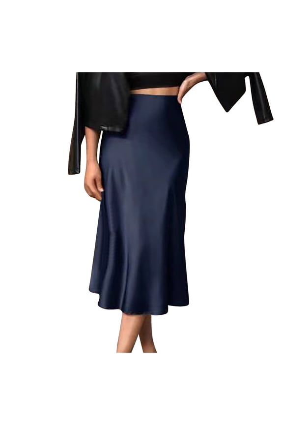 Women's Elegant Satin Skirts Summer High Waisted Solid Color Slim Fit Flared Casual Trendy Comfy Work Office Fishtail Midi Skirt Dark Blue XXL
