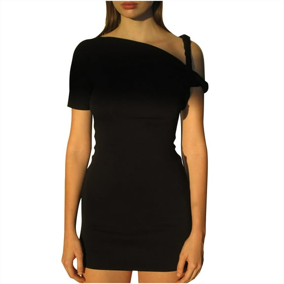 BRGZLK Women's European American Style Dresses Trendy Comfy One Shoulder Bodycon Asymmetric Dress Short Sleeve Off Shoulder Cocktail Short Dresses Black S
