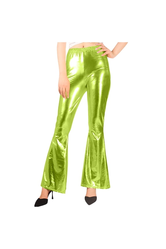 Women's Faux Leather Bell Botom Flare Pants Shinny Metallic Sequins High Waist Stretchy Bell Bottom Flared Pants