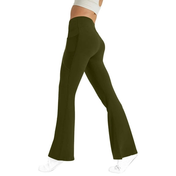 BRGZLK Women's Flare Pants Trendy Solid Color High Waisted Butt Lifting Gym Fitness And Sports Tight Yoga Long Pants With Pockets Army Green XXL