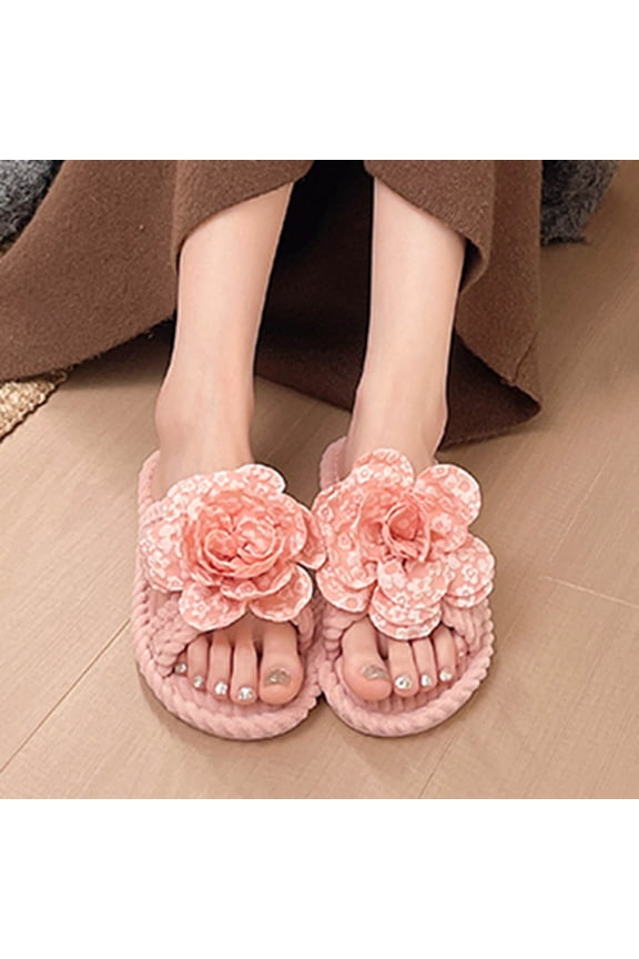 Women's Flat Cotton Slippers Versatile Indoor Home Floral Decor Slippers Autumn Winter Trendy Warm Plush Slipper 2026 Pink 5.5-6