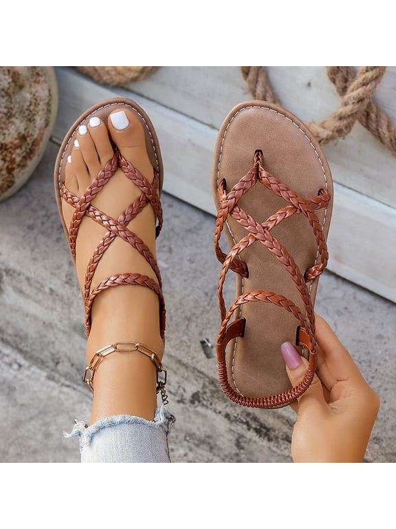 Women's Flat Sandals Summer Versatile Lightweight Breathable Strappy Dressy Ankle Strap Flip Flop Shoes Casual Elastic Strap Woven Beach Thong Sandals Brown 6.5