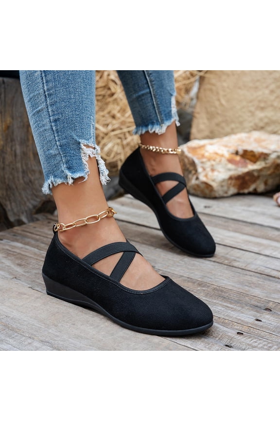 Women's Flats Shoes Fashionable Casual Summer Solid Color Strap Thick Sole Elastic Breathable Low Top Dressy Office Walking Shoes with Cross Straps Black 6