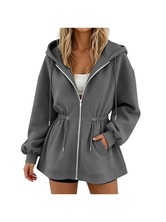 Women's Fleece Hoodies 2026 Trendy Full Zip Up Adjust Cinched Waist Drop Shoulder Long Sleeve Jackets Soft Comfort Coats with Pockets, Fall Winter Outwear Sweatshirts Dark Gray XL