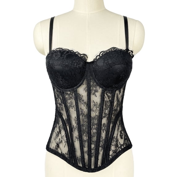 BRGZLK Women's Floral Lace Corset Tops Solid Color Corset Bustier Slimming Beautiful Back Party Club Date Night Camisole Top Black A 36B/80