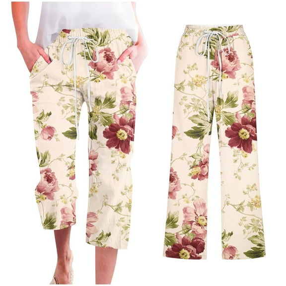 BRGZLK Women's Floral Linen Pants Fashion Comfy Casual Hawaiian Print Drawstring Pocket Elastic Seven Points Pants Khaki XXXL