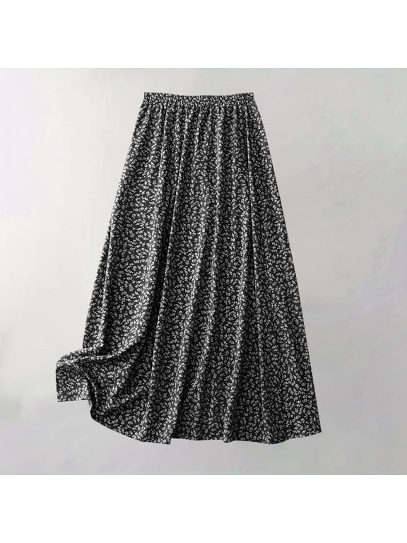 Women's Floral Midi Skirt Loose Casual Boho Elastic Waist Lightweight Breathable Flowy A-Line Summer Daily Comfortable Midi Skirt Black S