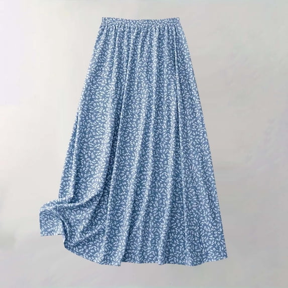 BRGZLK Women's Floral Midi Skirt Loose Casual Boho Elastic Waist Lightweight Breathable Flowy A-Line Summer Daily Comfortable Midi Skirt Blue M