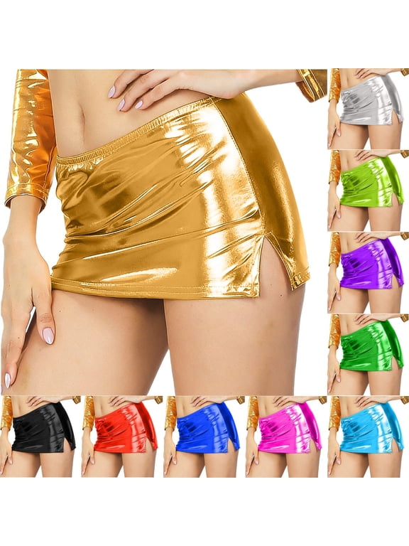 Women's Half Body Skirt Slit Side Metallic Mini Skirt Shiny Solid Color Holiday Micro Short Skirt Dance Clubwear Rave Costume