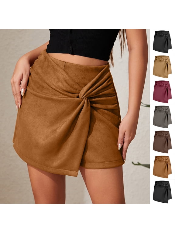 Women's Half Body Skirt Solid Color Mini Shorts Casual High Waisted with Pleated Irregular Short Skirt