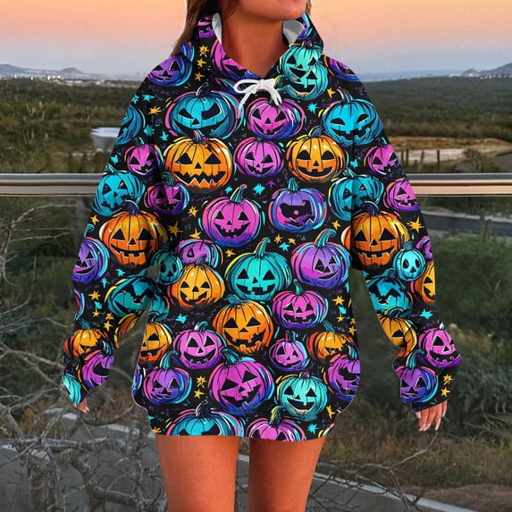 BRGZLK Women's Halloween Hoodies Trendy Horror Skeleton Pumpkin Long Sleeve Hooded Drawstring Sweatshirt Oversize Crewneck Hooded Tops for Casual Festive Wear Black E M