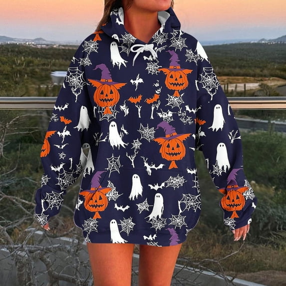 BRGZLK Women's Halloween Hoodies Trendy Horror Skeleton Pumpkin Long Sleeve Hooded Drawstring Sweatshirt Oversize Crewneck Hooded Tops for Casual Festive Wear Blue XL