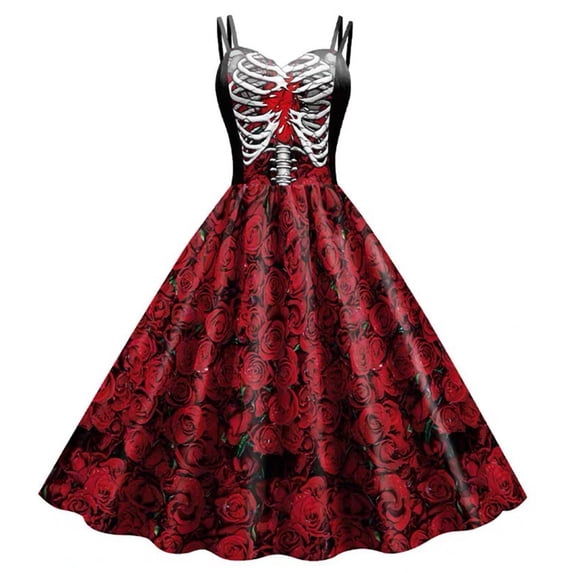 BRGZLK Women's Halloween Maxi Dress 2026 Trendy Rose Skull Print Sleeveless Vintage Cocktail Party Swing Dress Lightweight Funny Festival Party Costume Red L