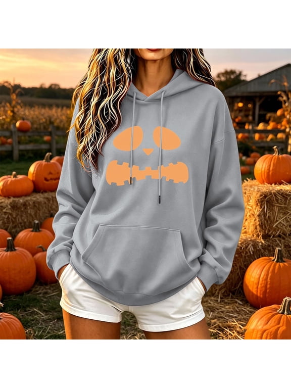 Women's Halloween Sweatshirt Trendy Funny Spooky Evil Pumpkin Face Loose Comfort Hooded Sweatshirts Drawstring Pullover Casual Sweater Tops with Pockets Gray M