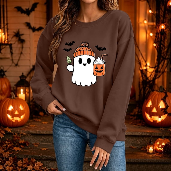 BRGZLK Women's Halloween Sweatshirts Funny Novelty Cute Graphic Crewneck Pullover Tops Long Sleeve Fleece Warm Comfort Shirts Halloween Sweaters Brown L
