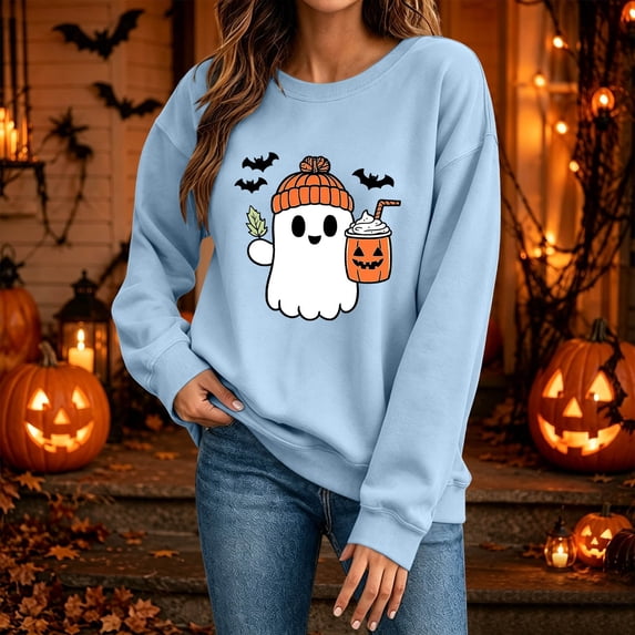 BRGZLK Women's Halloween Sweatshirts Funny Novelty Cute Graphic Crewneck Pullover Tops Long Sleeve Fleece Warm Comfort Shirts Halloween Sweaters Light Blue M