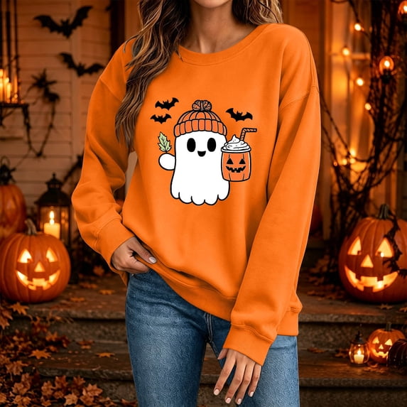 BRGZLK Women's Halloween Sweatshirts Funny Novelty Cute Graphic Crewneck Pullover Tops Long Sleeve Fleece Warm Comfort Shirts Halloween Sweaters Orange L