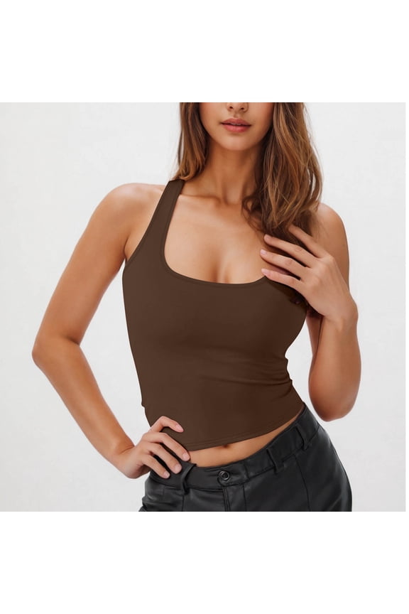 Women's Halter Top Fashion Solid Color Square Neck Y2K Trendy Camisole Crop Tops Backless Sleeveless Top Blouse Brown S