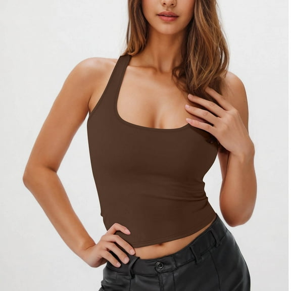 BRGZLK Women's Halter Top Fashion Solid Color Square Neck Y2K Trendy Camisole Crop Tops Backless Sleeveless Top Blouse Brown XL