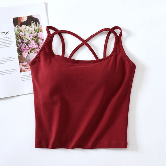 BRGZLK Women's Halter Top Fashion Solid Color With Chest Pad No Steel Rings Bottom Underwear Summer Casual Slim Stretchy Camisole Wine S
