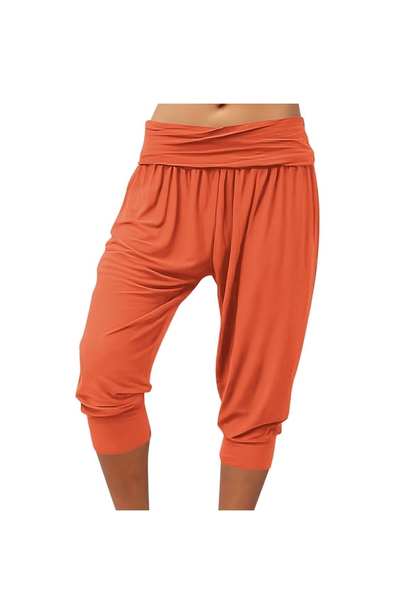 Women's Harem Capri Pants Summer Lounge Casual Solid Color Banded Waist Lightweight Soft Comfortable Tapered Cuff Capri Pants with Pockets Orange S