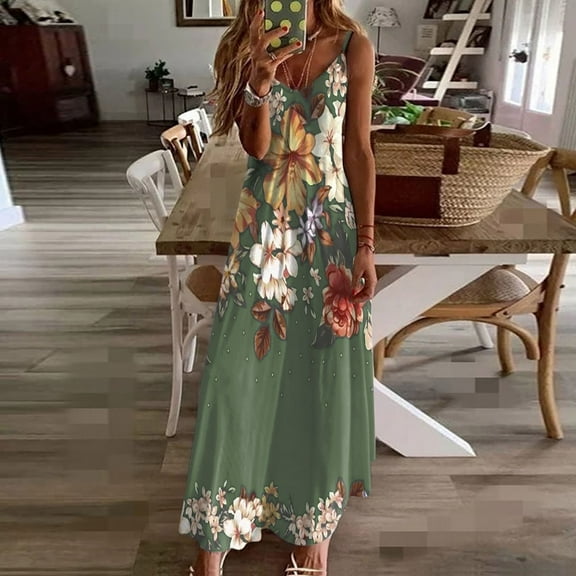 BRGZLK Women's Hawaiian Dresses Trendy Loose Strap V Neck Sleeveless Floral Print Breath Soft Cozy Long Dress for Travel Vocation Army Green L