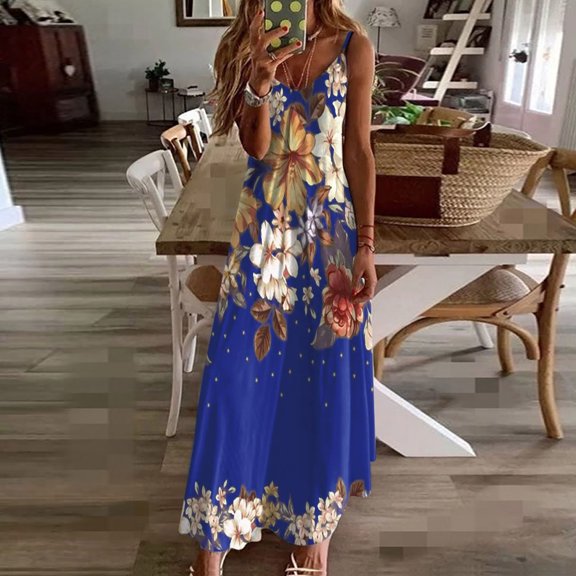 BRGZLK Women's Hawaiian Dresses Trendy Loose Strap V Neck Sleeveless Floral Print Breath Soft Cozy Long Dress for Travel Vocation Blue M