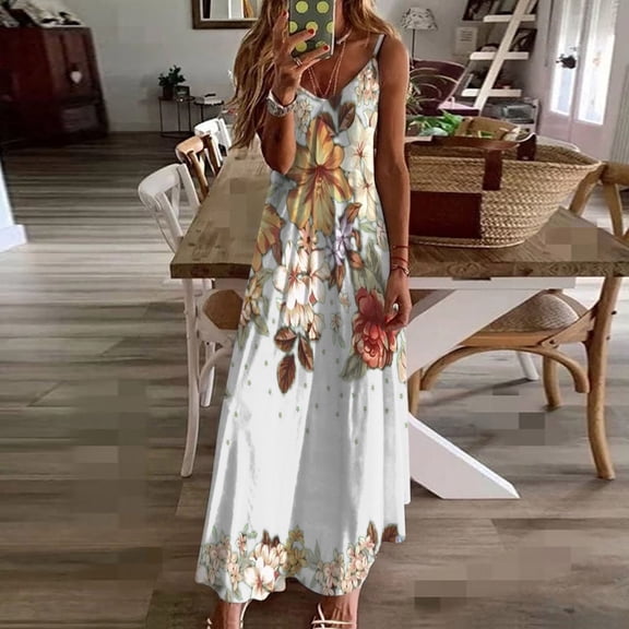 BRGZLK Women's Hawaiian Dresses Trendy Loose Strap V Neck Sleeveless Floral Print Breath Soft Cozy Long Dress for Travel Vocation White M