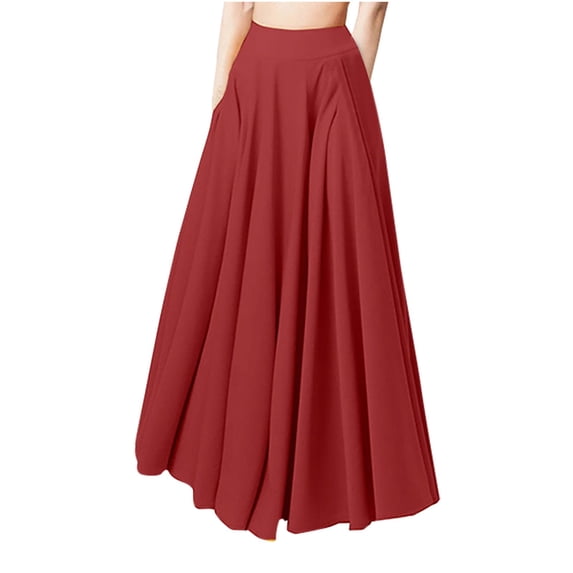 BRGZLK Women's High Waist Skirts Lightweight Loose Summer Casual Trendy Pleated A-Line Flowy Maxi Long Skirts with Pockets Red S