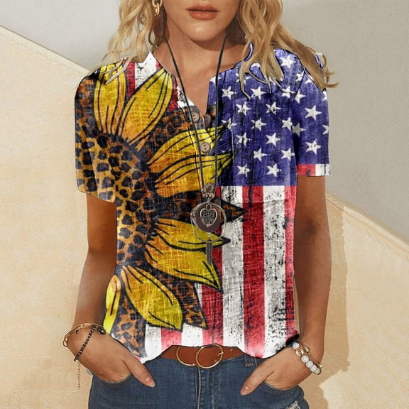 BRGZLK Women's Independence Day Gif T-Shirts Summer Casual Short Sleeve Blouse Button Round Neck Pullover Blouse Tops Yellow L