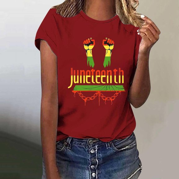 BRGZLK Women's Independence Day Printed Tops Summer Holiday Gift Tee Loose Round Neck Short Sleeve T-Shirt Wine L