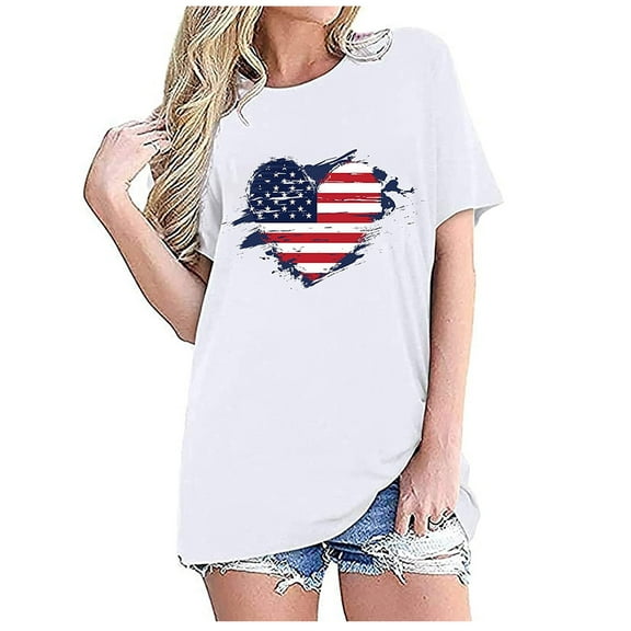 BRGZLK Women's Independence Day Shirts Fashion Flag Printed Holiday Tee Loose Round Neck Short Sleeve Pullover Tops White XXL