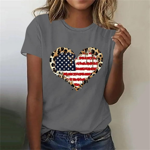 BRGZLK Women's Independence Day T-Shirt Fashionable USA Flag Printed Blouse Loose Casual Short Sleeved Round Neck Pullover Top Gray XXL
