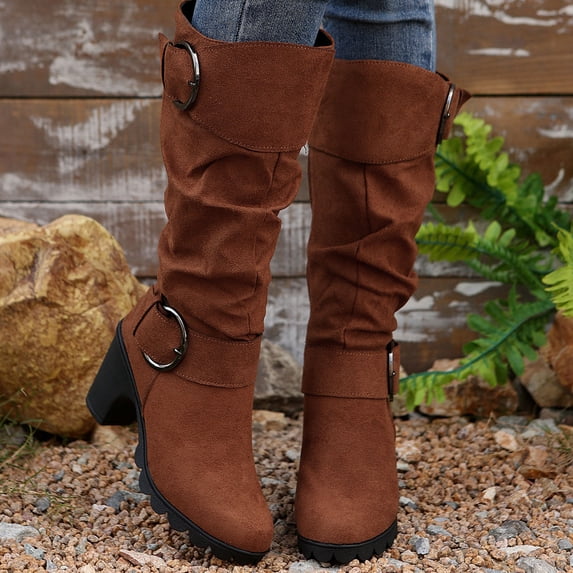 BRGZLK Women's Knee High Boots Fall Winter Trendy Casual Versatile Solid Color Side Zipper Chunky Heel Mid Calf Boots for Daily Wear 2026 Brown 41