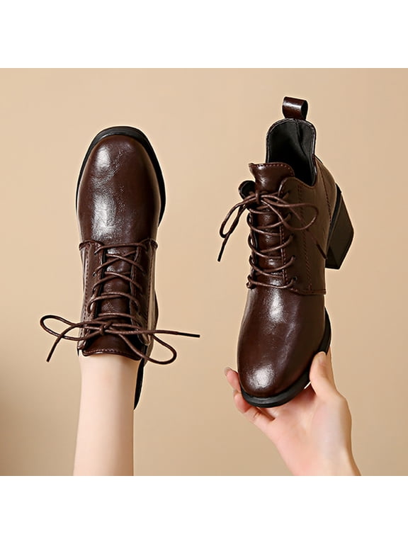 Women's Lace Up Ankle Boots British Style Trendy Classic Chunky Heel Low Heel Short Booties Round Toe Solid Color Trendy Street Footwaer 2026 Brown 42