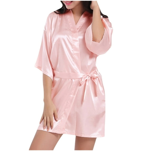 BRGZLK Women's Lace-Trim Silk Robes Bride Bridesmaid Kimono Satin Bathrobe V Neck Sleepwear with 3/4 Sleeve Womens Satin Nightgown Sexy Lingerie Sleepwear Pink A XXL