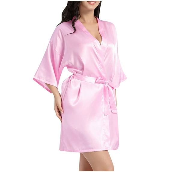 BRGZLK Women's Lace-Trim Silk Robes Bride Bridesmaid Kimono Satin Bathrobe V Neck Sleepwear with 3/4 Sleeve Womens Satin Nightgown Sexy Lingerie Sleepwear Pink XXL
