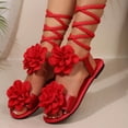 thumbnail image 1 of BRGZLK Women's Lace Ups Sandals Summer Casual Ruffle Trim Lightweight Solid Color Round Toe Open-Toe Thong Floral Flat Tie Up Ankle Strap Sandals Red 7, 1 of 8