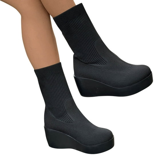 BRGZLK Women's Large Size Knit Comfortable Sock Boots Round Toe Wedge Heel Mid-calf Boots
