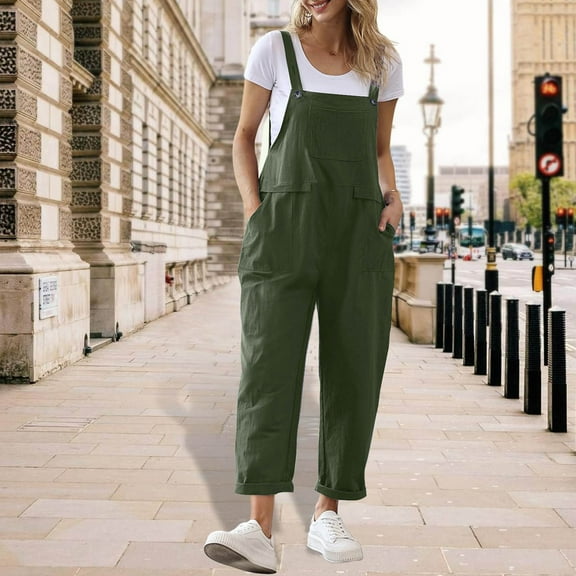 BRGZLK Women's Linen Cotton Jumpsuits 2025 Summer Fashion Solid Loose Casual Sleeveless Suspender Rompers Army Green M