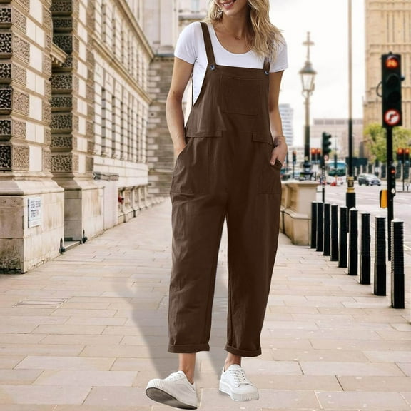 BRGZLK Women's Linen Cotton Jumpsuits 2025 Summer Fashion Solid Loose Casual Sleeveless Suspender Rompers Coffee XXL