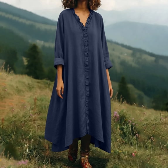 BRGZLK Women's Linen Dress Solid Color V-Neck Lace Trim Dress Summer Lightweight Loose Long Sleeve Comfortable Flowy Maxi Long Dress Navy L