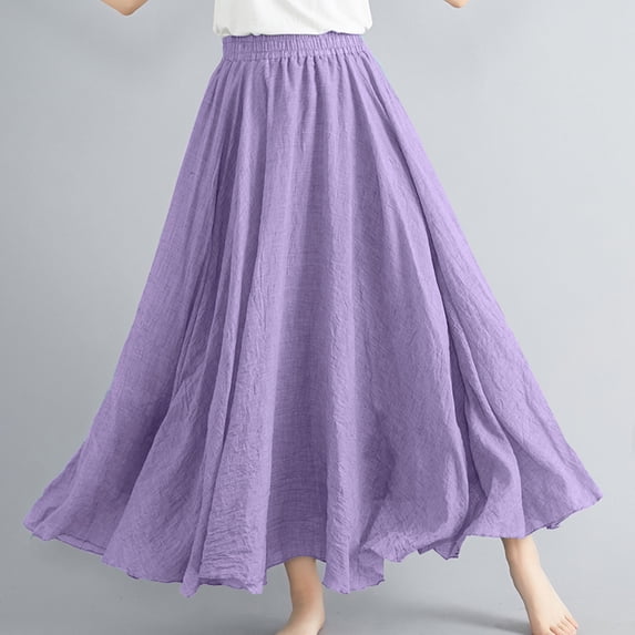 BRGZLK Women's Linen Flowy Skirts Summer Plus Size Casual Solid Color Fashion Elastic Waist Linen Lightweight Bohemian Beach A-Line Maxi Skirt Purple M