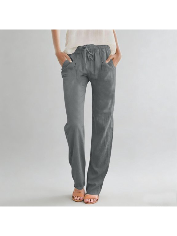 Women's Linen Pants Solid Color Drawstring Pleated Cotton Linen Casual Comfy Thin Long Pants Summer Vocation Beach Clothes 2026 Dark Gray XL