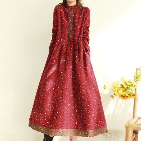 BRGZLK Women's Linen Retro Dresses Floral Printed with Lace Trim Long Sleeve Maxi Dress Cozy Breathable Spring Summer Dress Red XXL