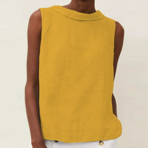 BRGZLK Women's Linen Tank Tops Summer Loose Casual Pleated Square Neck Cotton Sleeveless T Shirts Gold M