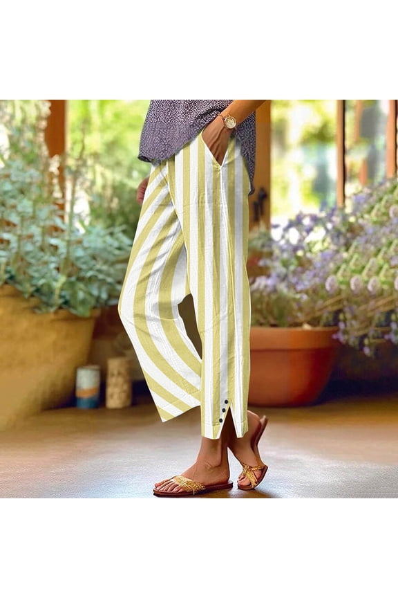 Women's Long Pants, Cotton and Linen Sports Pants, Fashionable Gradient Striped Printed Casual Pockets, Straight Leg Pants, Leg Buttons, Split Pants, Casual Beach Pants